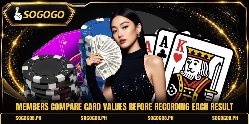 Members compare card values before recording each result
