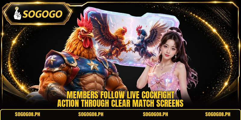 Members follow live cockfight action through clear match screens